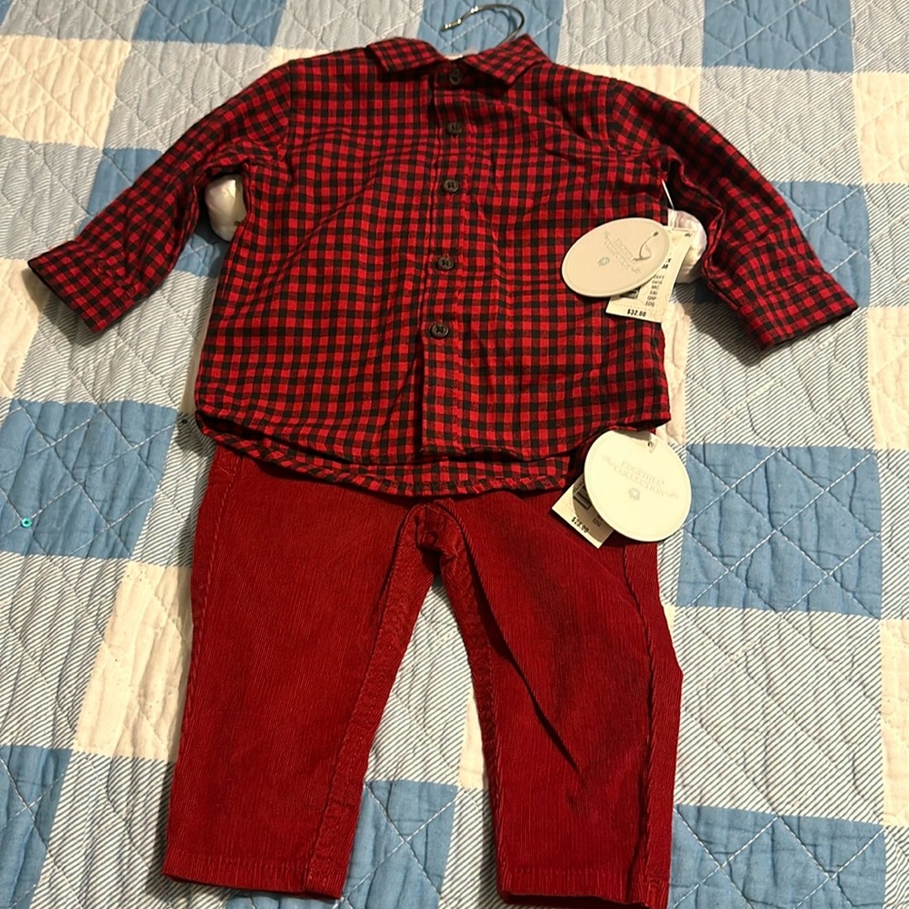 NWT Edgehill Collection Set Boys Red Plaid Button Down Shirt and Corduroy pant